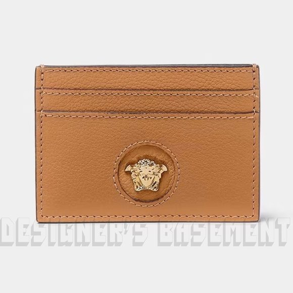 VERSACE beige gold La MEDUSA gold Logo embossed Leather Card Case holder wallet - Picture 1 of 6